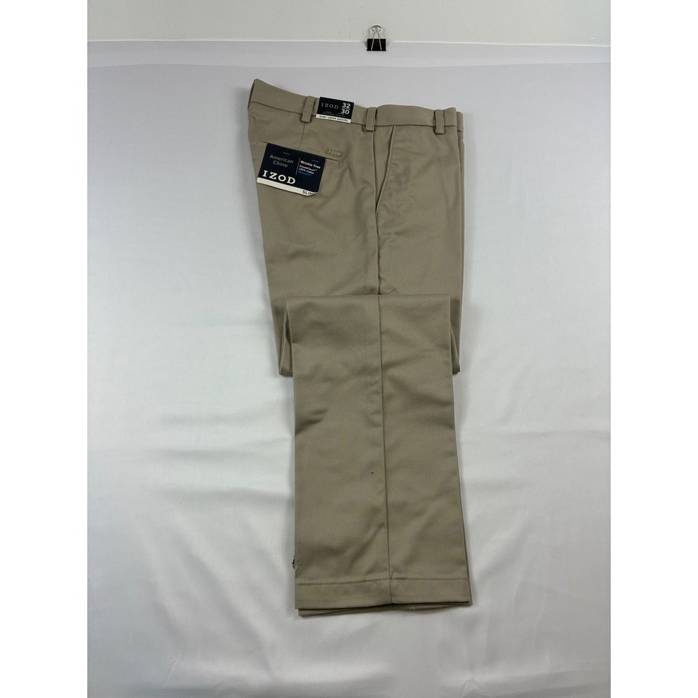 IZOD American Chino Pants Mens 32x30 Tan Khaki NWT Slim Fit Wrinkle Free Cotton